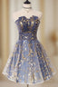 A-Line Tulle Lace Blue Short Prom Dresses Cute Blue Homecoming Dresses