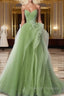 A-Line Tulle Lace Green Long Prom Dress, Green lace Long Formal Dress