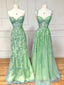 A-Line Tulle Lace Green Long Prom Dresses Green Lace Long Graduation Dresses