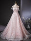 A-Line Tulle Lace Sequin Pink Long Prom Dresses Pink Long Prom Dresses