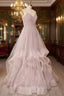 A-Line Tulle Layers Long Formal Dress, Cute V-Neck Evening Party Dress