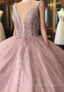 A-Line Tulle Long Formal Dress Pink Prom Dress,