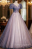 A Line Tulle Long Prom Dress with Beaded, Blue Short Sleeve Prom Dress