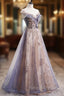 A Line Tulle Long Prom Dress with Sequins, Cute Scoop Neckline Prom Dress