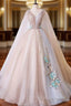 A Line Tulle Pink Embroidery Appliqued Long Prom Dresses