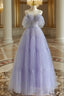 A-Line Tulle Purple Long Prom Dress, Purple Long Graduation Dress