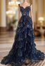 A Line Tulle Sequin Black Long Prom Dress, Black Sequin Long Formal Dress