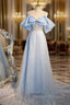 A-Line Tulle Sequin Blue Long Prom Dress, Blue Long Formal Dress