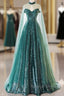 A-Line Tulle Sequin Green Long Prom Dress, Green Formal Evening Dress