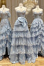 A-Line Tulle Sequin Lace Blue Long Prom Dresses Blue Long Prom Dresses