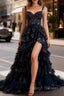 A-Line Tulle Sequin Navy Blue Long Prom Dress, Navy Blue Sequin Long Formal Dress