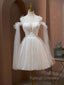 A Line Tulle Short Champagne Prom Dress Off Shoulder Lace Puffy Homecoming Dress