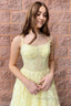 A Line Tulle Spaghetti Straps Light Yellow Long Prom Dress with Appliques