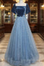 A-Line Tulle Velvet Blue Long Prom Dress, Blue Tulle Formal Dress