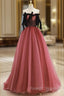 A-Line Tulle Watermelon Red Long Prom Dress, Watermelon Red Tulle Long Formal Dress