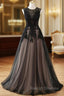 A Line Tulle with Lace Round Neckline Floor Length Prom Dress, Black Prom Dress