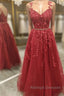 A Line V Neck and V Back Burgundy Lace Floral Long Prom Dresses Burgundy Lace Prom Dresses