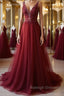 A Line V Neck and V Back Long Beading Lace Burgundy Prom Dress, Lace Burgundy Formal Graduation Evening Dress
