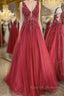 A Line V Neck and V Back Red Lace Floral Long Prom Dresses Open Back 3D Flowers Red Lace Prom Dresses