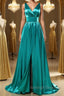 A Line V Neck and V Back Turquoise Long Prom Dress with Slit, Turquoise Formal Graduation Evening Dress