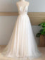 A Line V Neck Applique Sweep Train Tulle Wedding Dress