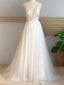 A-Line V-Neck Applique Sweep Train Tulle Wedding Dresses
