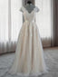 A Line V Neck Appliques Lace Floor Length Lace Wedding Dress