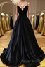A Line V Neck Backless Black Velvet Long Prom Dresses, V Neck Black Formal Dresses, Black Velvet Evening Dresses