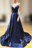 A Line V Neck Backless Dark Navy Blue Prom Dresses, Open Back Navy Blue Formal Prom Dresses