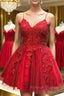 A Line V Neck Backless Lace Red Short Prom Dresses Homecoming Dresses Backless Red Lace Prom Graduation Prom Dresses