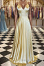A Line V Neck Backless Yellow Satin Long Prom Dresses, Yellow Backless Formal Dresses, Yellow Evening Dresses