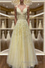 A Line V Neck Beaded Yellow Lace Tulle Long Prom Dresses Yellow Lace Prom Dresses Beaded Yellow Prom Dresses