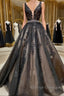 A Line V Neck Black Lace Prom Dress Black Lace Prom Dress