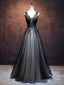 A Line V Neck Black Lace Prom Dresses, Black V Neck Lace Formal Evening Dresses