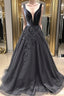 A Line V Neck Black Prom Dress Long with Lace Appliques V Neck Black Lace Prom Dress