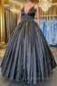 A Line V Neck Black Satin Long Prom Dress with Pocket, V Neck Black Formal Graduation Evening Dress