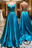 A Line V Neck Blue Backless Long Prom Dress Open Back Blue Long Prom Dress