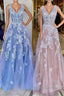 A Line V Neck Blue/Champagne Lace Floral Long Prom Dresses, Blue/Champagne Lace Formal Evening Dresses