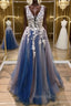 A Line V Neck Blue Lace Long Prom Dresses Long Blue Prom Dresses