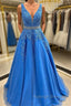 A Line V Neck Blue Lace Long Prom Dresses with Belt, Blue Lace Formal Evening Dresses