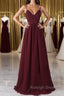 A Line V Neck Burgundy Chiffon Prom Dresses Long with Lace Back V Neck Lace Back Burgundy Prom Graduation Prom Dresses