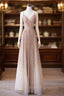 A Line V Neck Champagne Long Prom Dresses, Shiny Tulle Champagne Prom Dress