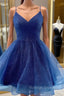 A Line V Neck Dark Blue Short Prom Dresses, Short Blue Graduation Homecoming Cocktail Dresses