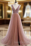 A Line V Neck Dark Pink Beaded Long Prom Dress V Neck Pink Long Prom Graduation Dress