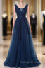 A-Line V-Neck Floor Length Navy Blue Prom Dress With Appliques