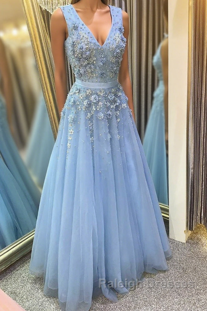 A Line V Neck Floral Light Blue Lace Long Prom Dresses Light Blue Lace