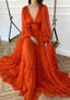 A Line V Neck Full/Long Sleeve Long Dress Floor Length Chiffon Prom Dress With Pleated