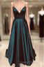A Line V Neck Green/Blue Backless Long Prom Dresses, V Neck Backless Green/Blue Formal Graduation Evening Dresses