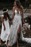 A Line V Neck Lace Prom Dress With Split Wedding Dress