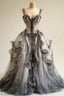A-Line V-Neck Lace Tulle Long Ball Gowns Vintage Prom Dresses